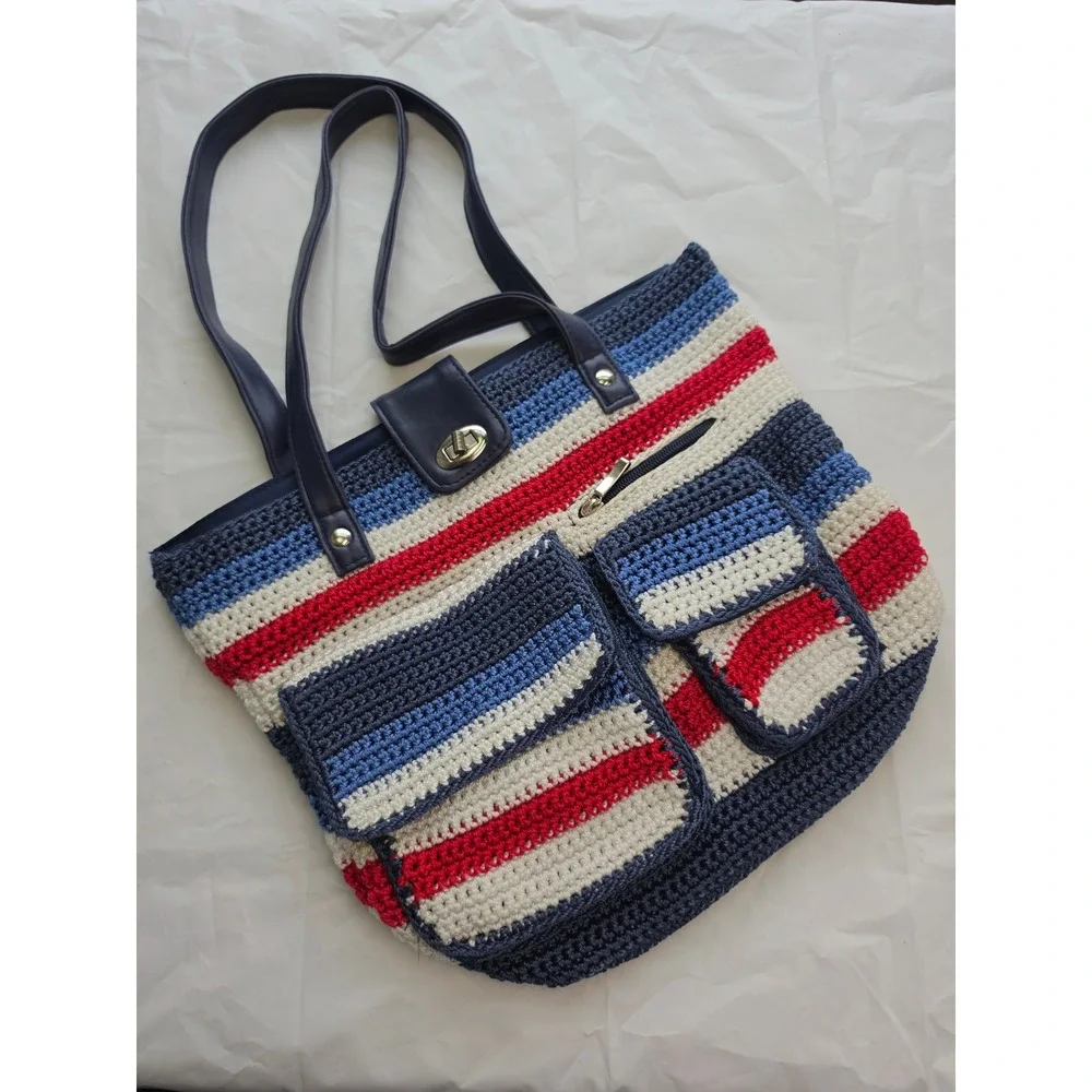 Unbranded Crochet Tote Bag Women Large Multicolor Nautical Striped Excellent